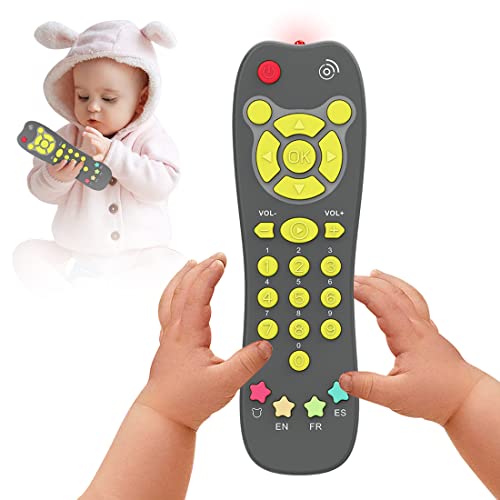Image of Baby Remote Toy, Toddlers TV Remote Control Toy Kids Realistic Play Remote Early Educational Baby Musical Toys with Light and Sound English French Spanish for Proshool Boys Girls 6 Month+, Gray