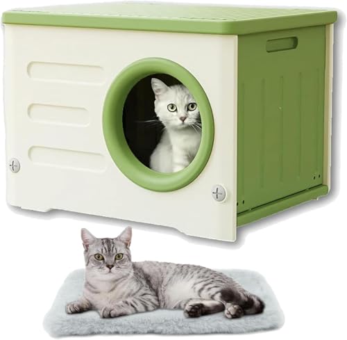 Nizzvlo 外猫ハウス 屋外用 防水・防風 猫小屋 無毒・無臭 環境に優しい 取り外し可能 UVカット・雨よけ 野良猫/子猫向け 断熱保温 組立簡単 グレー 53×41×38.3cm (53cm*41cm*38.3cm,みどりいろ)