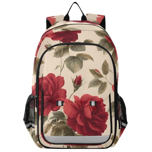 senya Red Stunning Roses Backpack Water-Resistant Bag Lightweight Bookbags with Reflective Strip