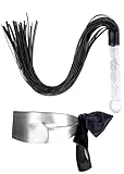 VFOX Horse Riding Flogger - Adult Whip Faux Leather - Satin Eye Mask - Silk Blindfold Mask - Glass Handle Flogger