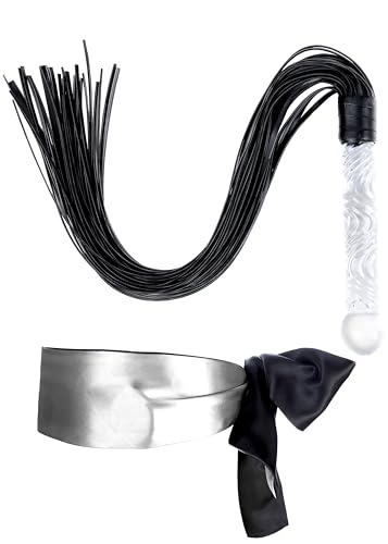 VFOX Horse Riding Flogger - Adult Whip Faux Leather - Satin Eye Mask - Silk Blindfold Mask - Glass Handle Flogger