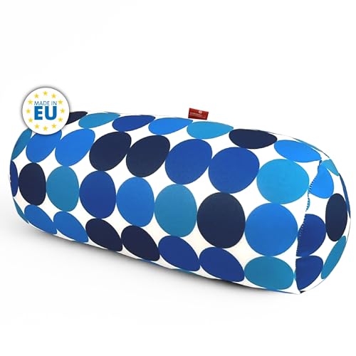 COVERBAGBCN - Rundes Relax Anti-Stress-Kissen | Entlastung für die Halswirbelsäule | Füllung mit kleinen Komfortperlen | Lycra-Stoff, weich im Griff | Maschinenwaschbar | 35x15 cm (Blaue Punkte).