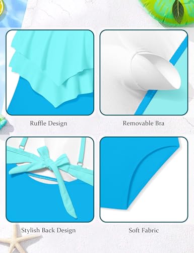 Image of Girls Swimsuit Color Block One Piece Swimsuit 2-Tiered Ruffle Bathing Suit Adjustable Strap Girls' Swimwear 7-16Y