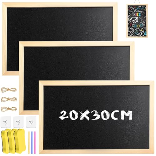 Amentalove 3 Stück Kreidetafel mit Holzrahmen 30 x 20 cm A4 Kreidetafel zum Aufhängen mit 3 Schwamm 3 Haken Blackboard Kinder Klein Schiefertafel Aufhängen für Kinder Restaurants Schulen Partys