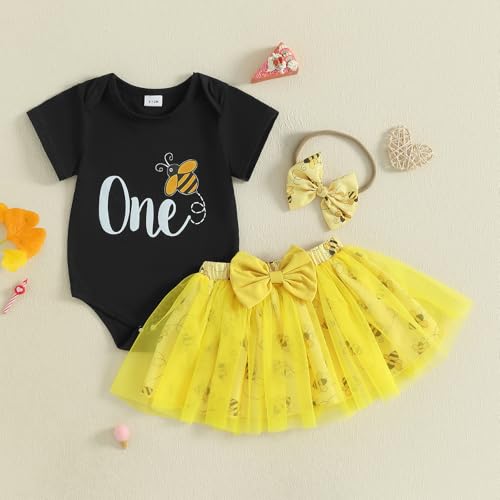 Baby Girl First Birthday Outfit Bee Goose Print One Romper+Tulle Tutu Skirt+Headband+Socks 4Pcs 1st Birthday Dress3