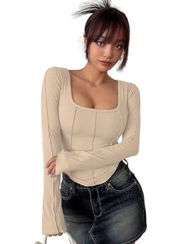 Image of Sugathari Women's Black Solid Long Sleeve Wrap-Style Square Split Crew Neck Bodycon Women T-Shirt Spring and Summer Top, Minimalist and Fashionable for Everyday Casual Wear Tops (T-Shirt 181)