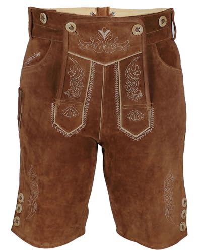 Steigenhöfer Lederhose Damen Tracht Shorts - 100% Rindsleder - Annika - Traditionelle Kurze Hose für Frauen - Inklusive verstellbaren Trägern - Gürtelschlaufe - Dirndl Alternative - Mittelbraun - 44