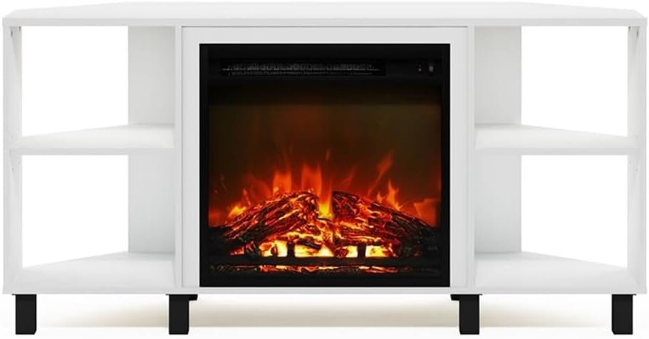 Pemberly Row Corner Fireplace TV Stand with 4 Open Compartments Solid White