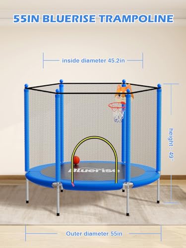 Image of BLUERISE 55IN 6FT Indoor /Outdoor Toddler Trampoline for Kids | Galvanized Steel Pipe，Multiple Activity Accessories，110lb，Safety Enclosure，Basketball Hoop，No-Gap Design，Anti-Rollover Bottom