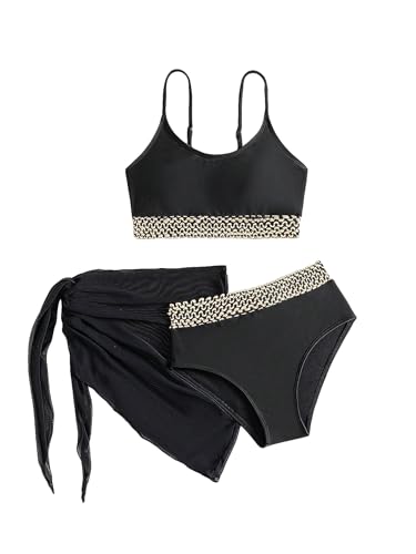OYOANGLE Girl's 3 Piece Bikini Set Contrast Trim High Waist Swimsuit with Knot Side Beach Skirts Cover Up