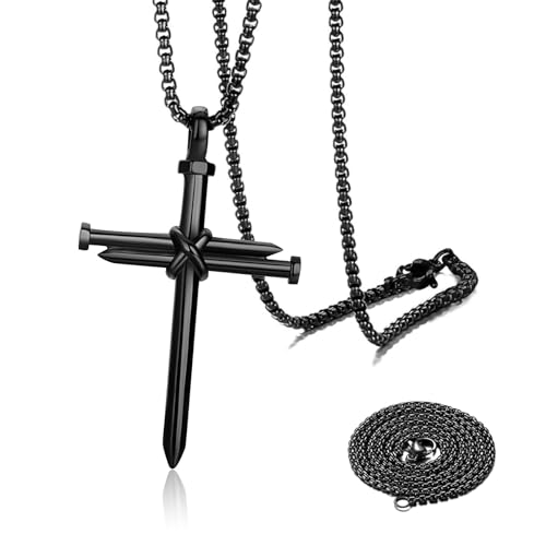 2PCS Nail Cross Pendant for Men, Hanging Cross Car Rearview Mirror Hanging Chain with 3 Nail, Stainless Steel Religious Cross Decoration(Black)