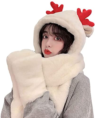 YTYLBD Drei-in-Eins-Hut Handschuhe Schal Niedlich Plüsch Geweih Hut Winter Warm Tier Kapuze Damen Mädchen Kleid (Weiß) Cover