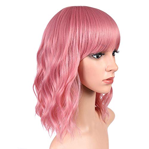 Pink Wigs with Bangs, Short Wavy Colorful Wigs for Women, Pastel Wavy Synthetic Pink Hair for Girl Costume Cosplay Wigs 14inch Natural Wig