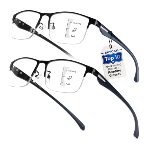 SKYOAK 2 Pack Premium Quality Progressive Multifocus Half Frame Reading Glasses for Men No-Line Blue Light Blocking Computer Readers Multifocal Eyeglasses with TR90 Temples Black and Gunmetal +2.5x