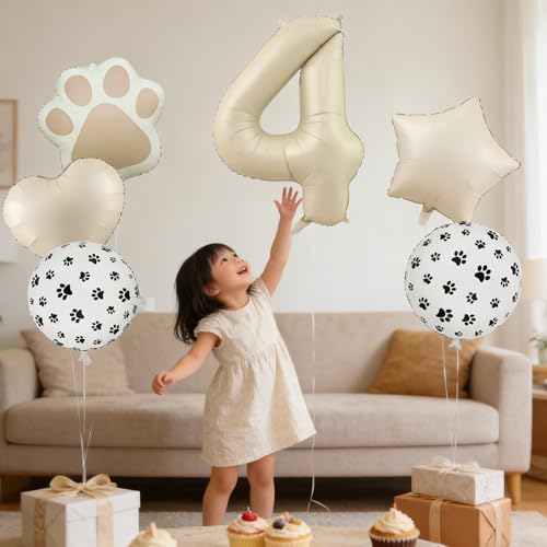 Image of 4th Birthday Dog Paw Balloons Set,18'' Paw Prints, Heart,Star,Paw Shaped Foil Balloon 40 Inch Cream Number 4 Helium balloons for Puppy Themed Third Anniversary Birthday Party Decorations Supplies 6PCS