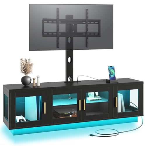 RALGEND TV Stand with Mount, Entertainment Center with Swivel TV Mount, TV Console Table with Power Outlet and LED Light, for 32-75 inches TVs, for Living Room, Bedroom, Office, Showrooms, Black