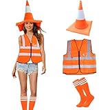 Stadget Traffic Cone Costume Orange Construction Worker Costume Reflective Vest With Traffic Cone Hat Sock Halloween Cosplay Outfit (Orange, Onesize)