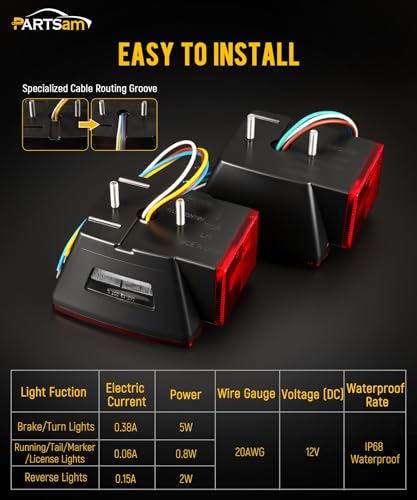 Image of Partsam 12V Submersible Square Led Trailer Lights, Red White LED Stop Turn Tail Reverse Backup License Side Marker Running Light Lamp for Trailers Under 80 inch, Truck, IP68, Red Clear Lens