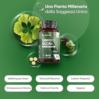 Ginkgo Biloba Vegano con Ginseng Siberiano, 365 Compresse, 1 al Giorno da 6600mg (1 Anno di Scorta), Estratto 50:1 di Ginko Biloba Integratore, Glicosidi Flavonici e Lattoni Terpenici, Senza Glutine