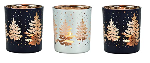 khevga Juego de 3 portavelas navideñas de cristal, color negro, blanco, oro, plata (negro/blanco/dorado)