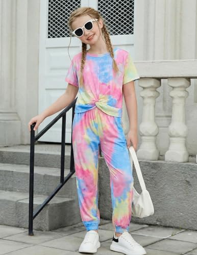 Image of Arshiner Girls Clothing Sets Tie Dye Twist Front Tops & Sweatpants Outfits Sportwear Sweatsuits Tracksuits 4-13 Year