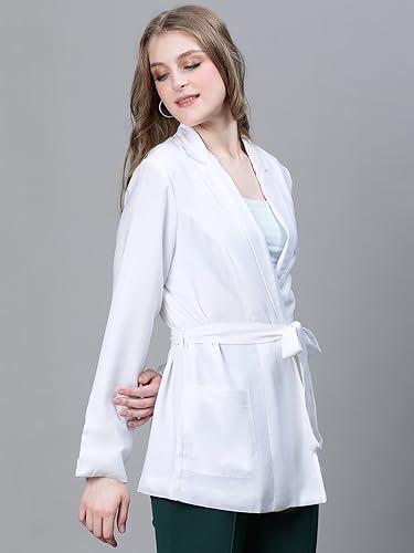 Image of oxolloxo Women Soild Open V-Neck Belted Long Sleeve Blazer Jacket