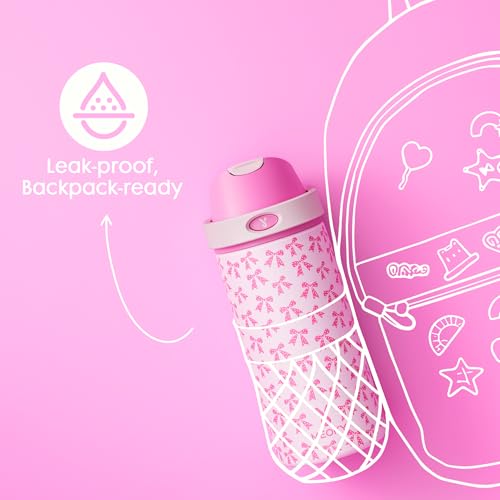 Image of Meoky 2 Pack 18 oz Insulated Stainledss Steel Water Bottles for Boys Girls | 2-in-1 Straw and Spout Lid, Leak Proof, Fits in Car Cup Holder, BPA-Free for School Gym Travel, Dinosaur Party & Pink Bows