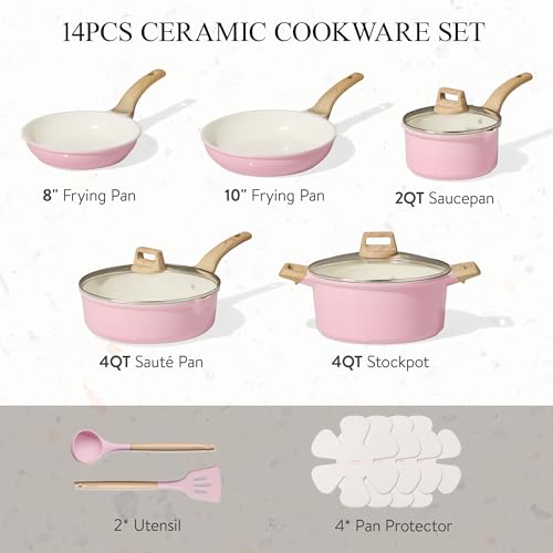 Image of CAROTE Ceramic Cookware Set, 14 PCS Pots and Pans Set Non Stick, Pot and Pan Set with Frying pan, Induction Ready Cooking Set for Kitchen, PFOS /PFOA /PFAS Free, Pink