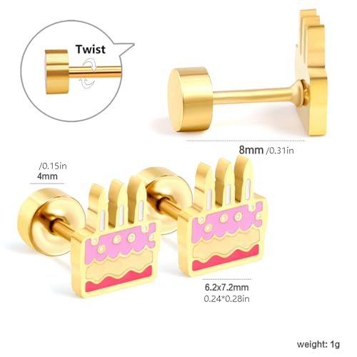 20g Birthday Cake Gold Plated Flat Screw Back Small Stud Earrings for Women Minimalist Cute Surgical Steel Happy Birthday Pink Enamel Piercing Sleeper Tiny Studs Hypoallergenic Unique Birthday Gift for Daughter Her2