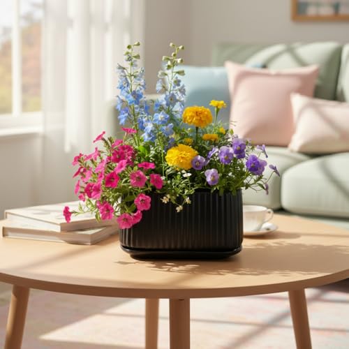 Image of Xtore Sculpted Ribbed Oval Planter with Drain Tray for Indoor & Outdoor Decor | Modern Minimal Flower Pot (Black, 23.5 cm) (Planter only)