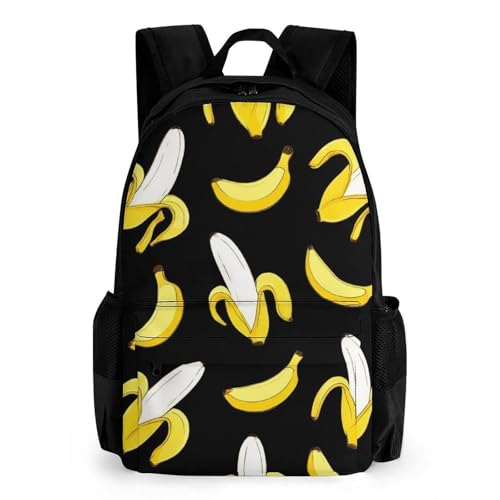 Supdreamc Shoulder Book Bags Anti-Theft Multipurpose Big Capacity Bookbag - Yellow Banana Fruit Funny Black Pattern Travel Hiking Backpack With Smooth Zippers