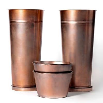 UltiTeque 28 in. Metal Tall Copper Planter Sets Tapered Elevate Pots Hand-Finished Antique Copper for Outdoor/Indoor/Patio Deck Entryway Includes Inner Insert/Saucers/Drainage Holes (Set of 2)