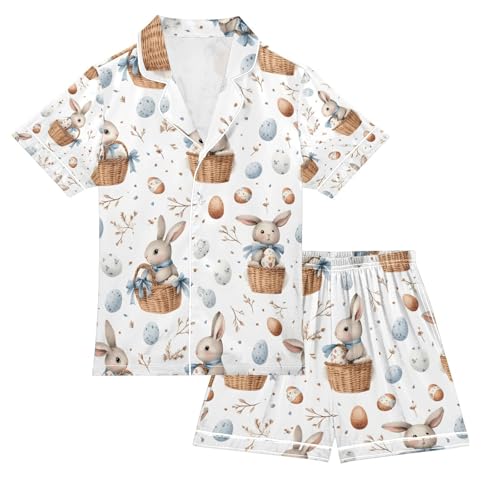 senya Watercolor Easter Bunnies 2 Satin Summer Pajama Sets Silk Short Sleeve Button Down Sleepwear