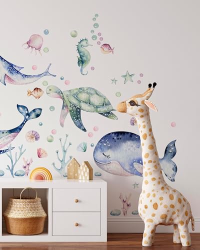 Vinilos decorativos oceánicos para pared - conjunto de ballenas y animales marinos miniatura 3
