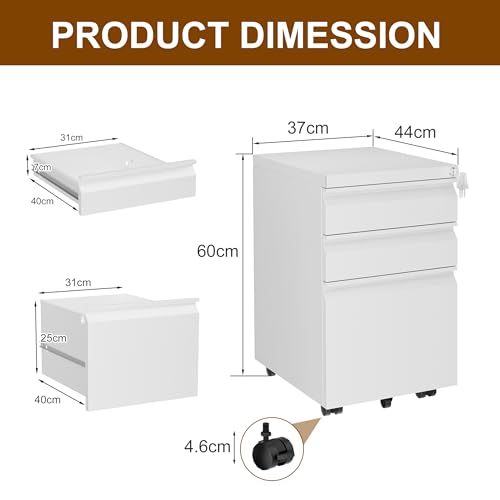 LVSTEEL Archivador Móvil con Cerradura, Cajonera, 3 Cajones, Ruedas Silenciosas, con 4 Llaves, Archivador Dbajo del Escritorio para Oficina, Completamente Ensamblado, Adecuado para A4 / Carta - imagen 2