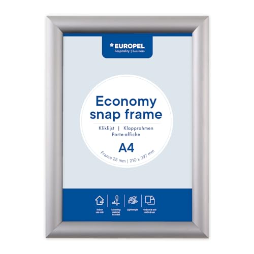 Europel Economy Klapprahmen, A4,Farbe Silber, Aluminium Profil 25x11 mm, Maße 241x328 mm, für Poster 21x29,7 cm, Posterhalter, Hotel, Büro, Restaurant, Speisekarten, Werbung, Botschaft