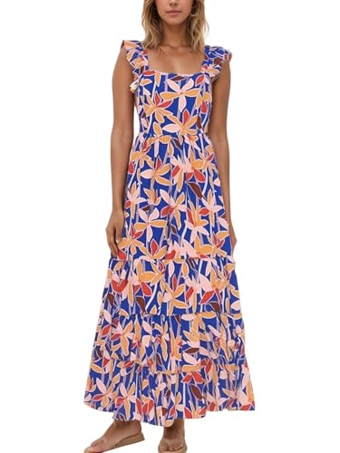 Image of 2025 Women's Summer Boho Floral Maxi Dress with Pockets - A-Line Smocked Tiered Ruffle Sleeveless Beach Sun Dress