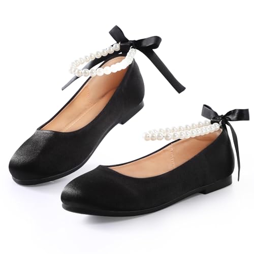 Toddler Girls Dress Shoes Flower Girls Kids Mary Jane Ballet Flats Wedding Party Communion Princess Shoes(Black Silk,Toddler 10)