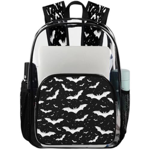 Spooky Halloween Clear Backpack for Stadium Events, Black and White Bats Waterproof Clear Bag for Women Men Adult Sport Work Daily Music Festival and Concerts