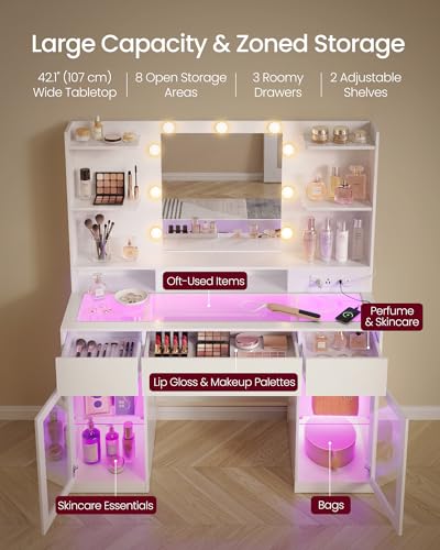 Image of VASAGLE Kailyn Collection - Vanity Desk with LED Lights and Power Outlet, Modern Vanity Table with Light Strip, 3 Drawers, 2 Cabinets, Transparent Top, 8 Storage Shelves, Cloud White URDT145WB03S