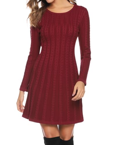 Gyabnw Damen Strickkleid Elegante Winter A-Linie Kleid Pulloverkleid Rundhalsausschnitt Minikleid Strickpullover Party Cocktail Freizeit
