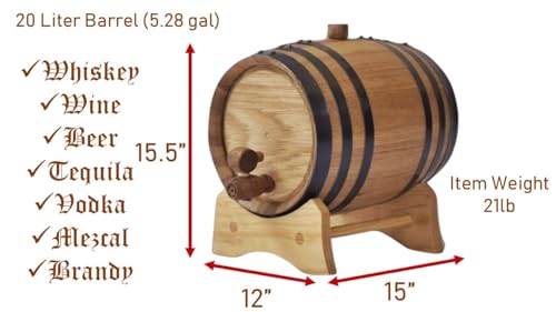 Generic Handcrafted 5 Gallon (20 Liter) Oak Aging Barrel - Ideal for Whiskey, Wine, Spirits, and Home Brewing - Choose Black or Galvanized Hoops for Superior Flavor Enhancement