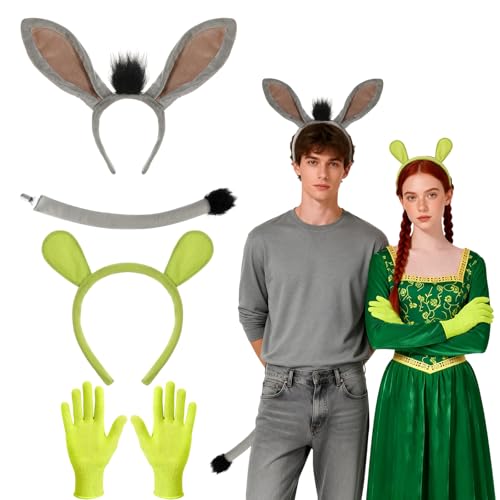 4 peças Acessório disfarce borro adulto, orelhas de borro cauda diadema ouro ouro verde luvas verdes, ouro disfarce animal acessórios disfarces engraçados para o Halloween Natal carnaval tema festa cosplay