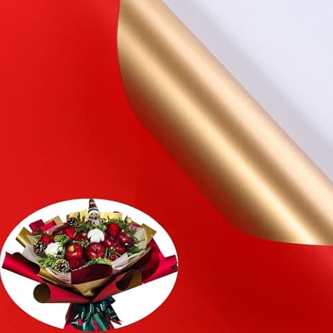 XICHEN 20 Counts Florist Bouquet Supplies,DIY Crafts,Gift Packaging or Gift Box Packaging, Pearl film and Flow golden two-color Double sided flowers wrapping paper 22.8 * 22.8Inch (Red & Gold) Cover