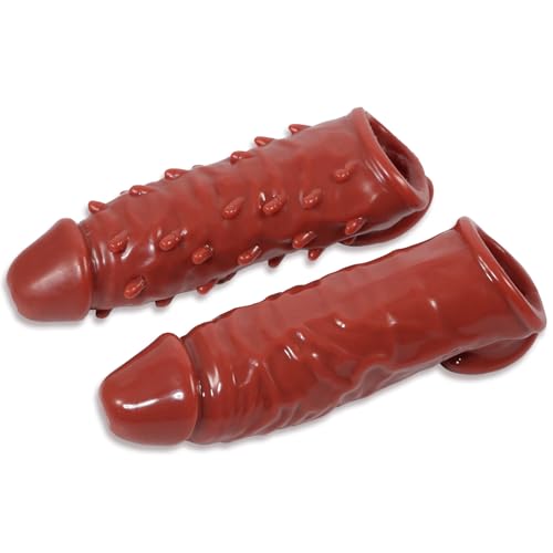 AMAZBEE 2PCS Manicotto del pene in silicone per l'ingrandimento del pene maschile con protuberanza strutturata Preservativo per il cazzo riutilizzabile con anello per il cazzo (Brown)