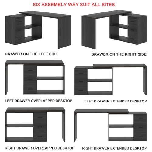 Image of HSH Dark Grey L Shaped Computer Corner Desk with 3 Storage Drawers 55 inch