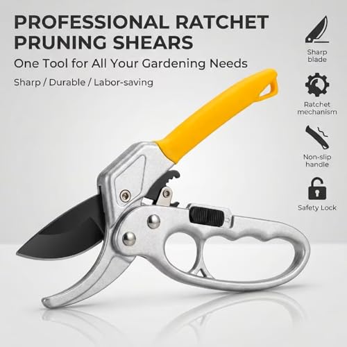 Image of JD FRESH Ratchet Pruning Shears 8 Inch, Sk-85 High Carbon Steel Gardening Scissor Plant Cutter for Flowers, Herbs, Hedge Plants, Stems, Branches, 3 Stage Ratchet, Safety Lock, Anti Slip Handle