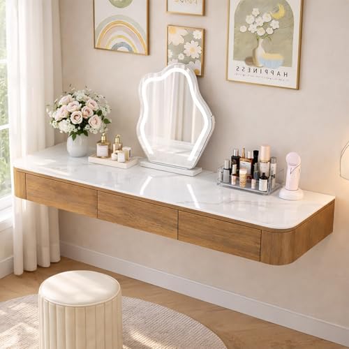 Floating Makeup Vanity Wall Mounted Floating Vanity Desk With Drawers Modern Dressing Table Space Saving Makeup Table For Bedroom Closet Minimalist Design Rounded Corners(Walnut Marble,31.5")