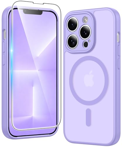 Image of FNTCASE for iPhone 13 Pro Case: Matte Magnetic Phone Cases with Screen Protector Compatible with Magsafe Slim Anti Yellowing Rugged Shockproof Protective Translucent Cell Phone Cover (C-Purple)