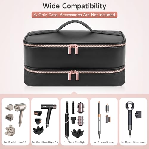 Image of Travel Hair Dryer Case for Shark Flexstyle, Double-Layer Carrying Case for Shark Flex Style Blow Dryer, Portable Hair Tools Storage Organizer Bag for Shark Beauty Hairdryer Attchments(Black Rose Gold)